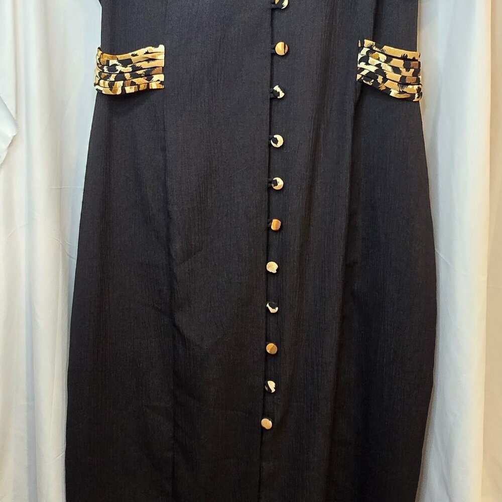 Vintage Miss Dorby Button Up Dress Black With Leopard Print Details Size 18 - Picture 10 of 10